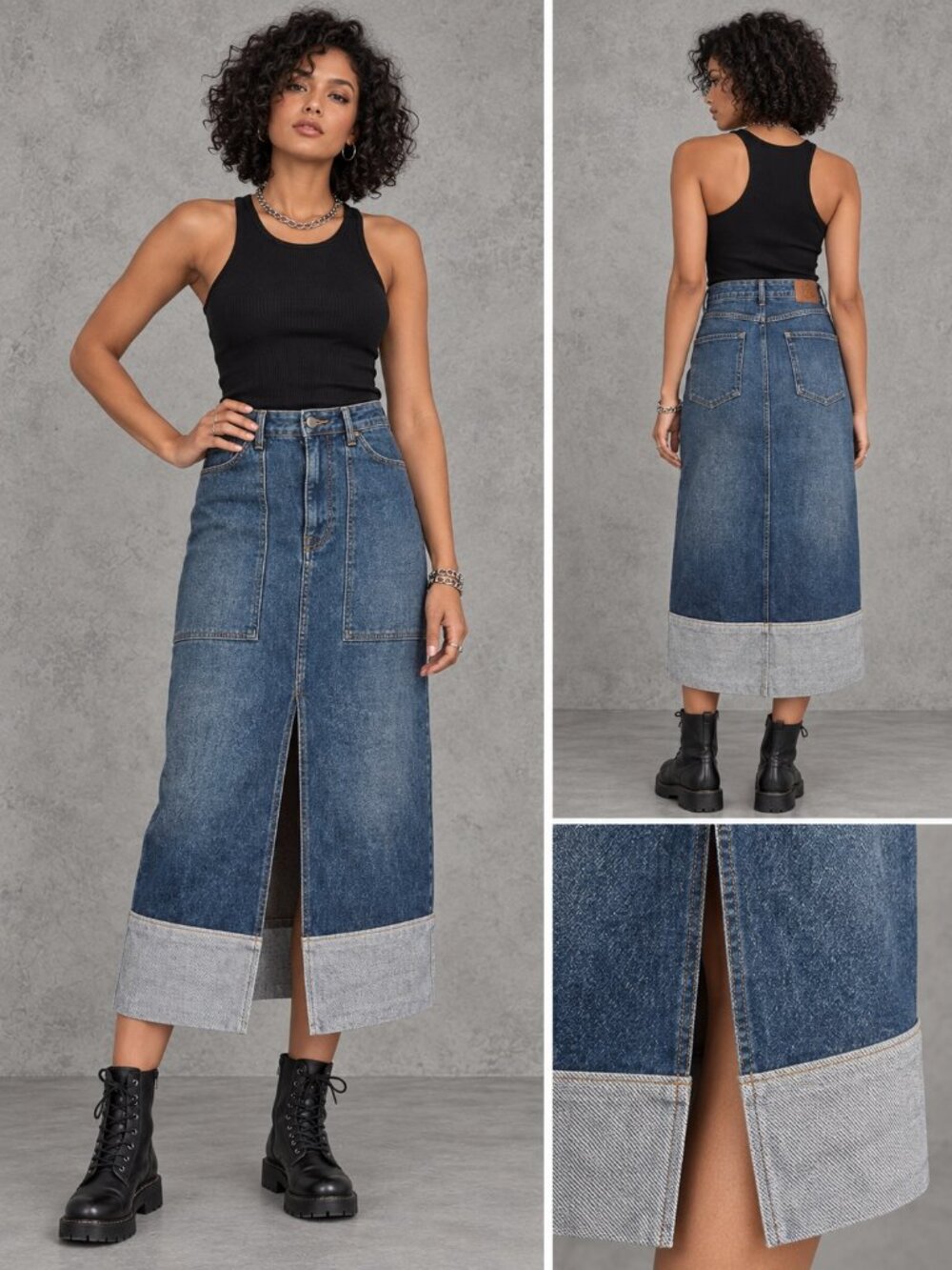 ba&sh VICK Blue Two Tone Denim Midi Skirt Front Slit Patch Pockets FR 34 US 2